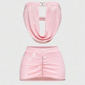 Pink Sequin Halter Top and Skirt Set